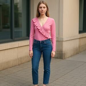 J Crew‎ Deep Blossom Pink Ruffle Front Wrap Bodysuit Size Medium NEW